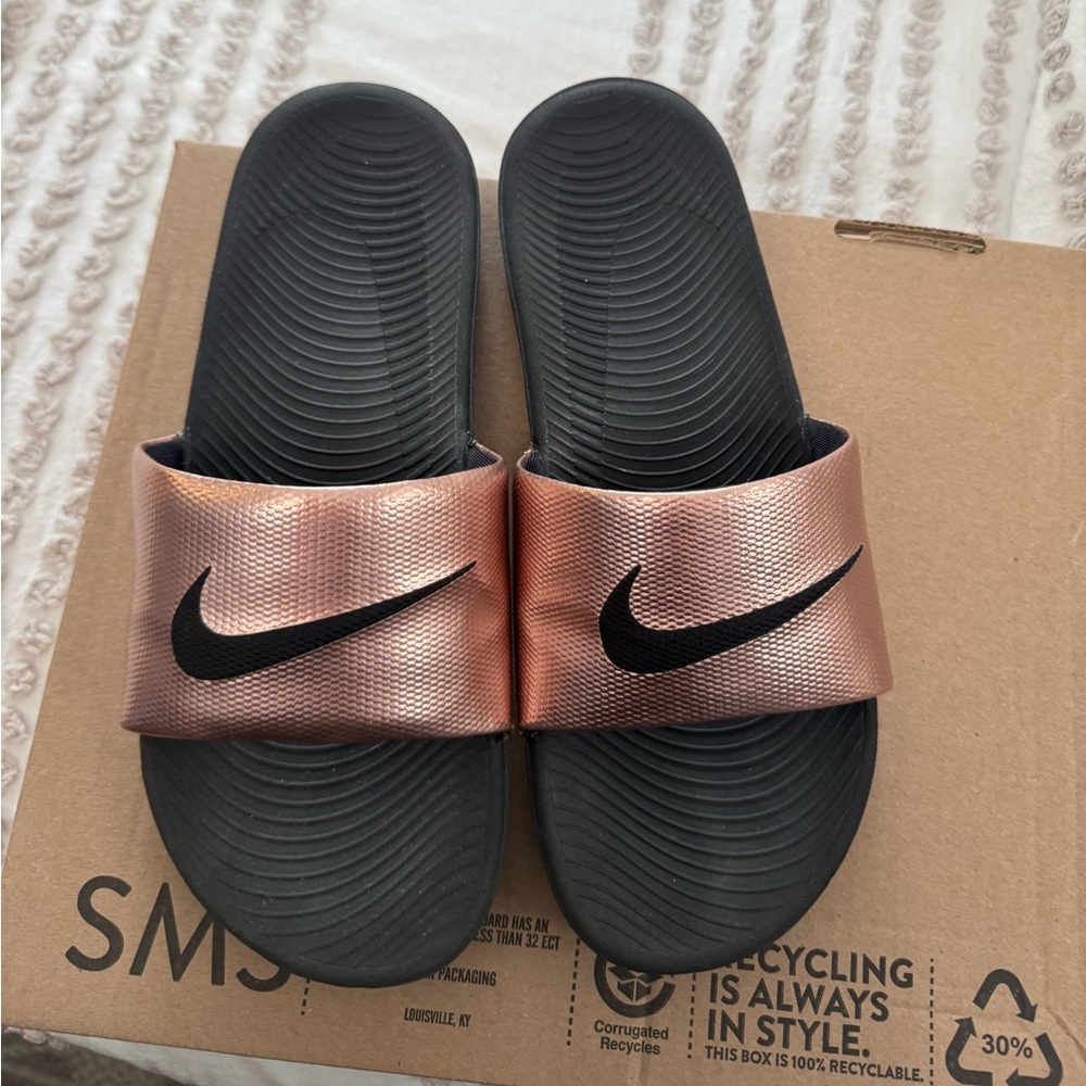 Nike Black and Rose Gold Slide Sandals